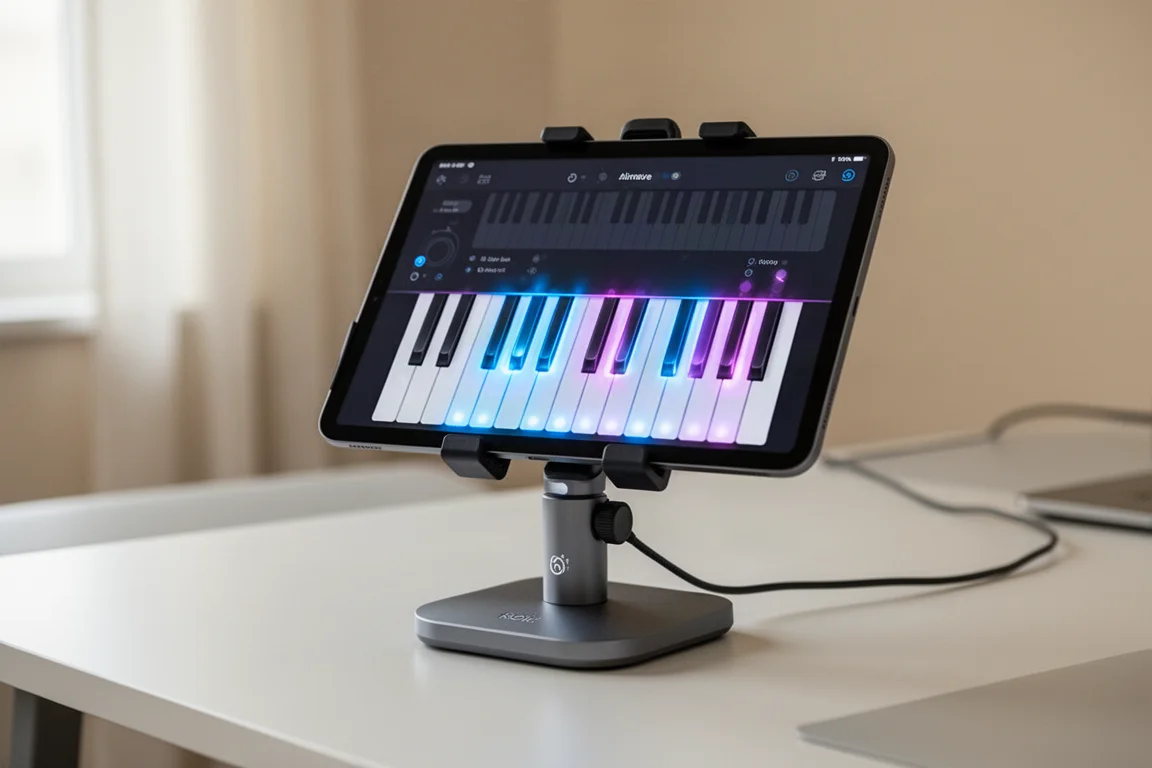 ROLI Airwave 安裝在支架上,支架上放著 iPad,顯示鋼琴學習應用程式