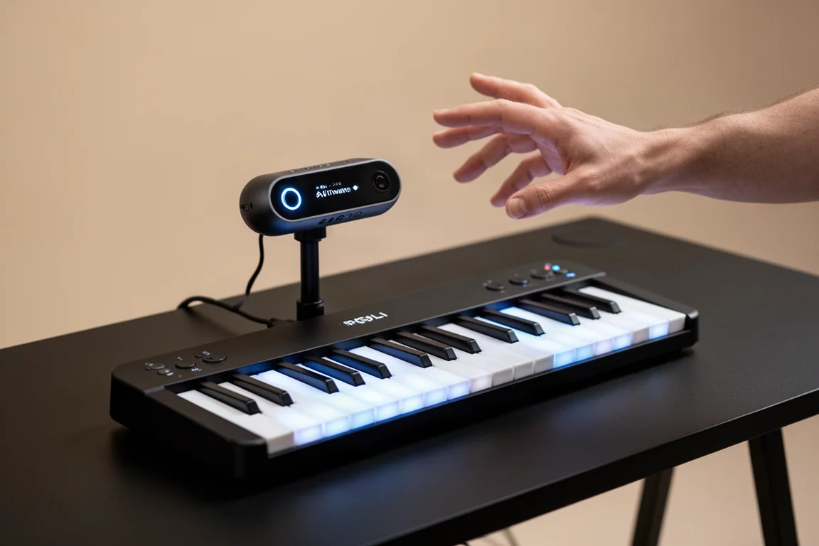 ROLI Piano 鍵盤，琴鍵發光，上方安裝 ROLI Airwave 手勢追蹤器