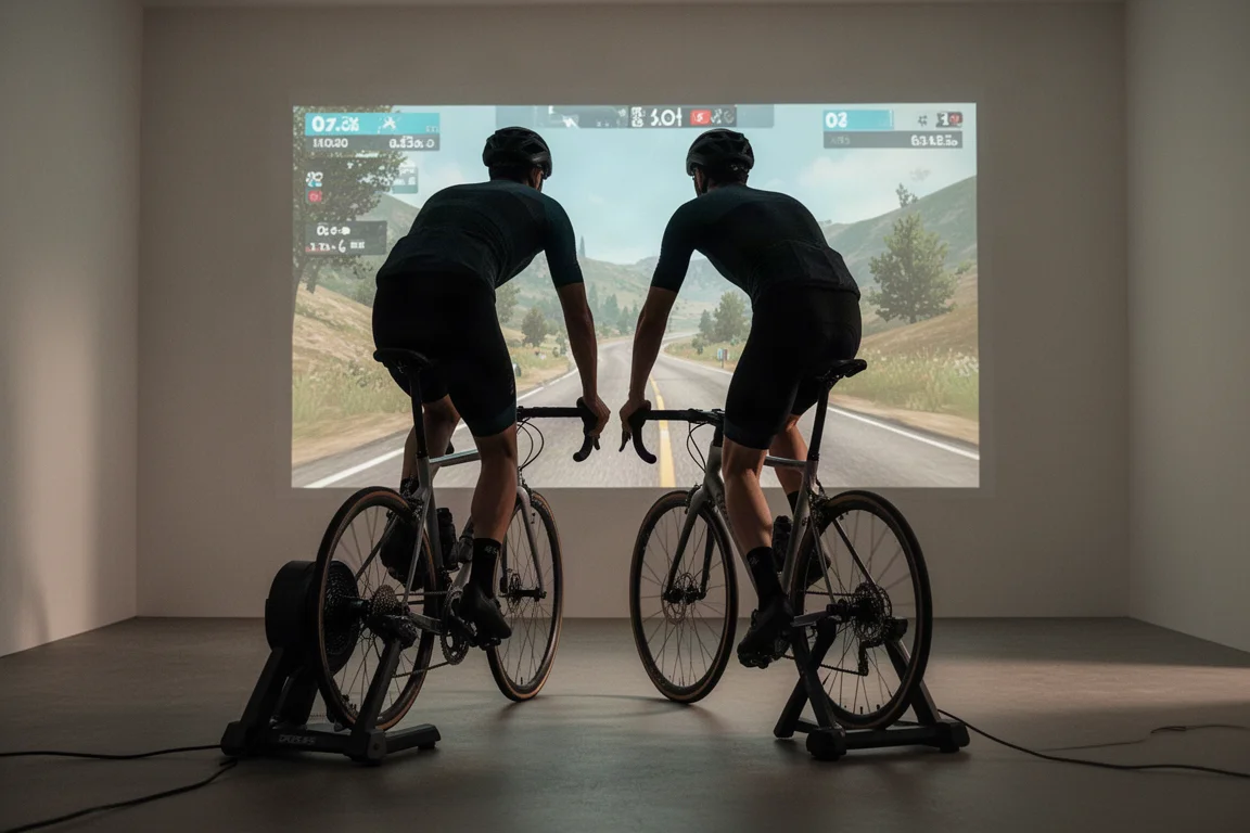 Cyklist på en träningsrulle framför en stor skärm som visar ett virtuellt landskap