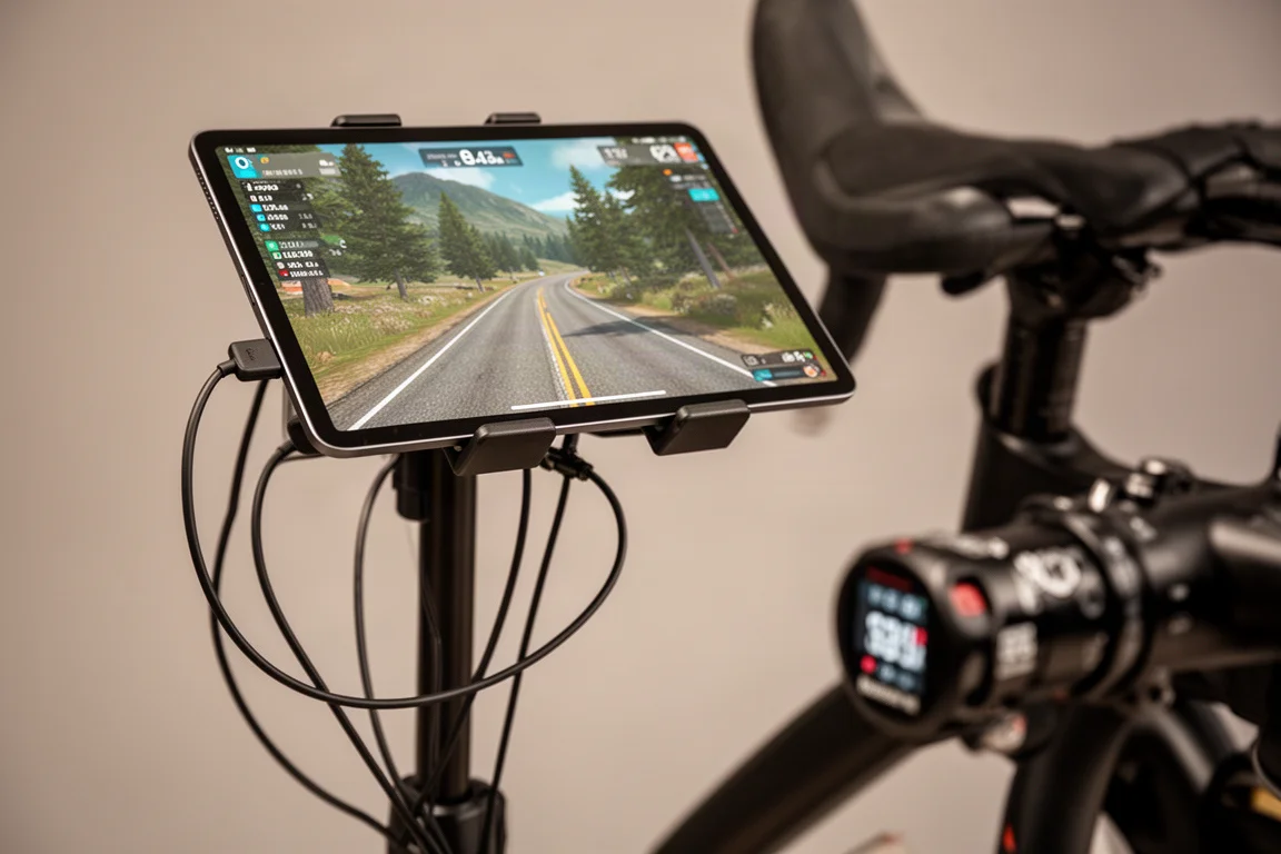 Närbild på en smart rulle ansluten till en surfplatta som visar en virtuell cykeltur
