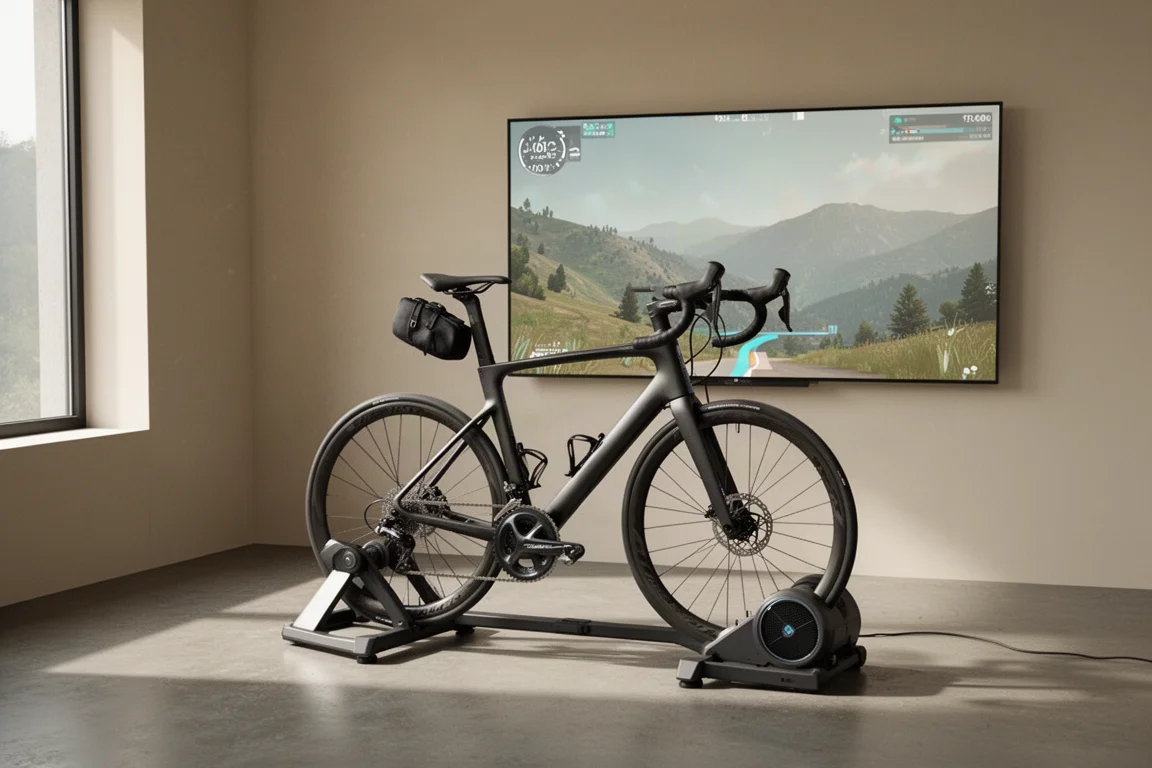 Indoor cycling trainer setup with a road bike facing a large screen showing a virtual landscape
