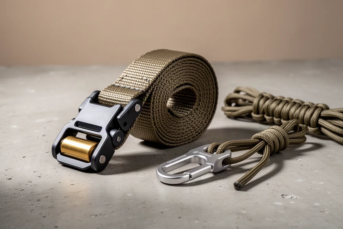 Pasek z cam buckle z mosiężną rolką, napinacz paracord i zwoje paracordu na betonie