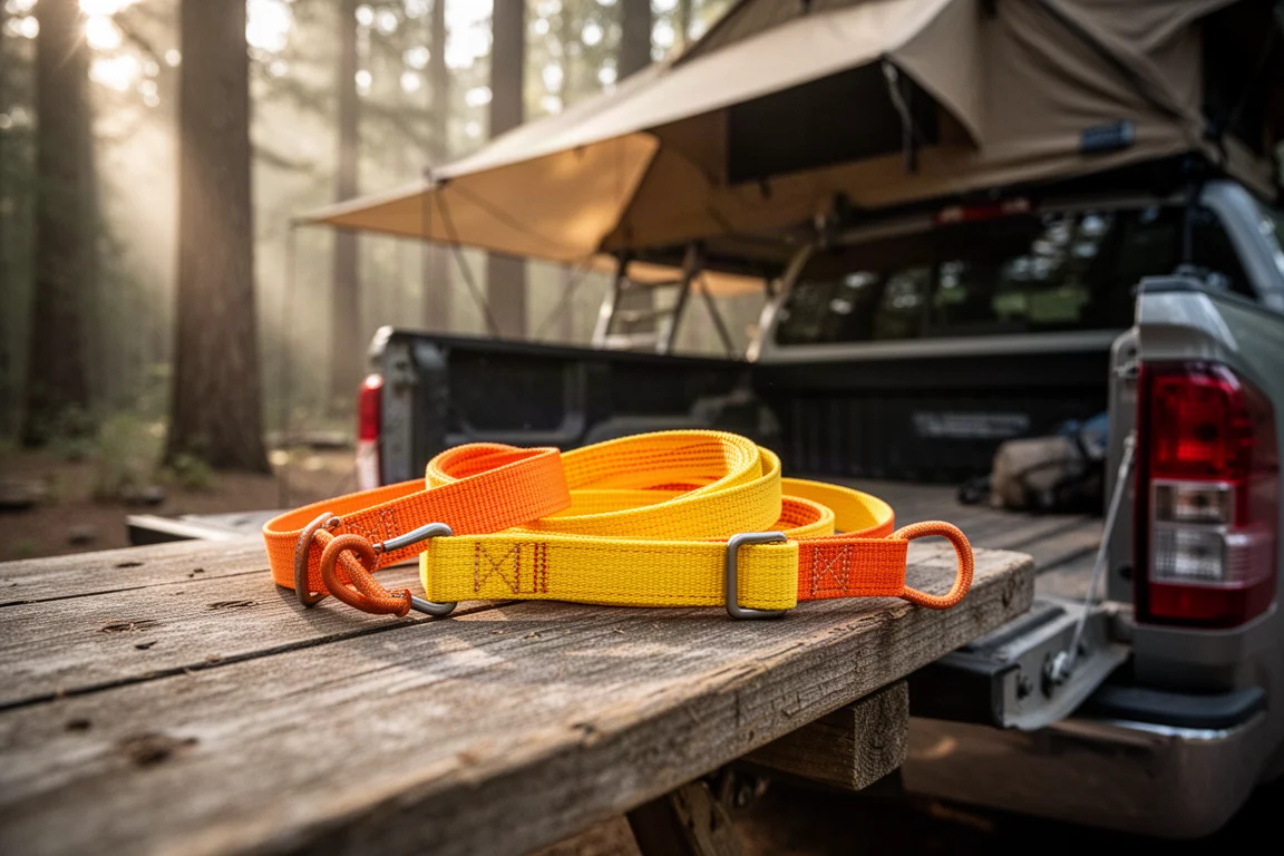 Bright orange cam straps coiled on the tailgate of a truck at a campsite