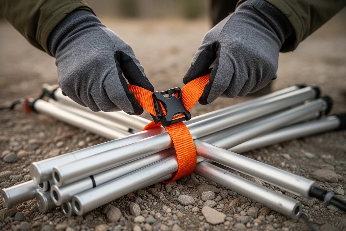 Close-up of a cam buckle cinching a strap around a tent pole bundle