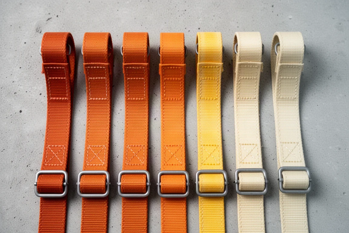 Faded cam straps showing sun-induced color change from orange to pale yellow