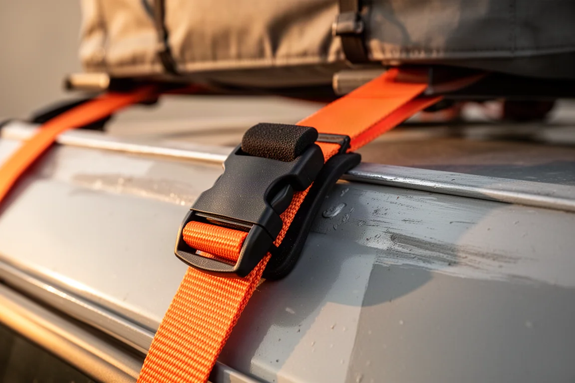 Rubber-covered cam buckle strapped over a vehicle roof rack edge