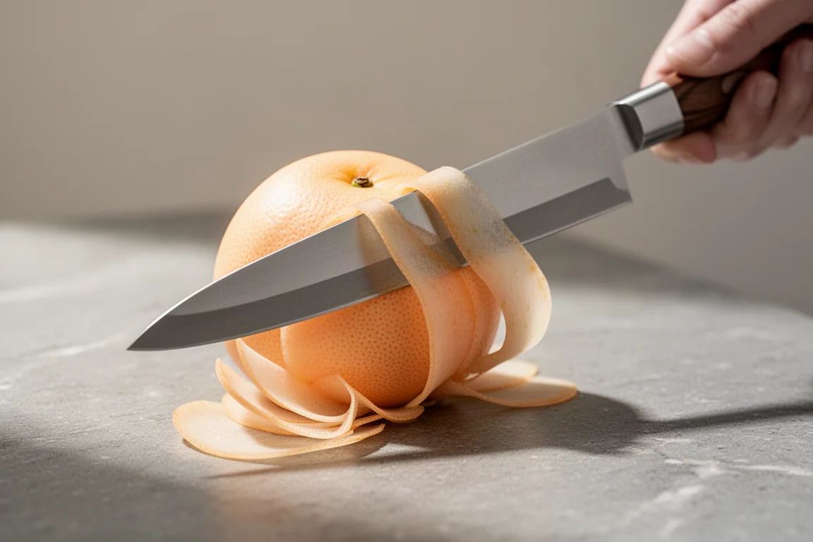 Dunne plakjes bleekoranje fruit vallen van een slank mes