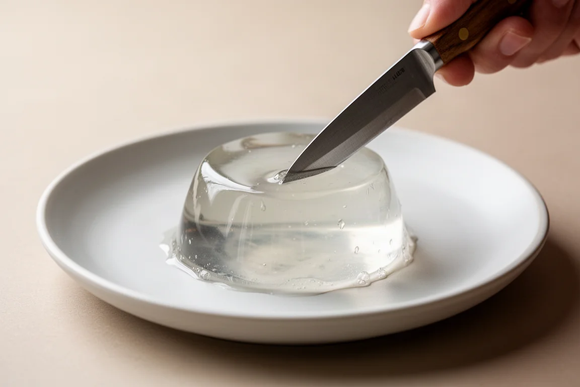 Heldere gelatine-dessert op een klein bordje naast een messpunt
