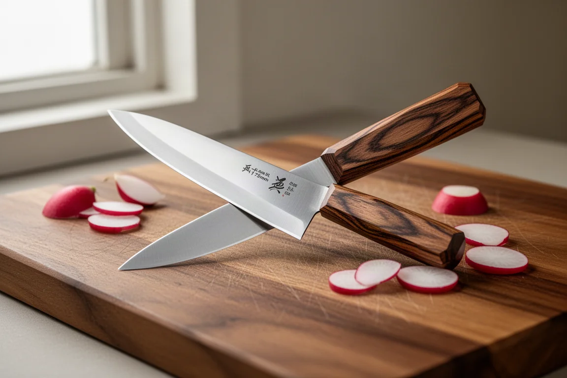 Small Japanese-style petty knife with rosewood handle on a wooden cutting board