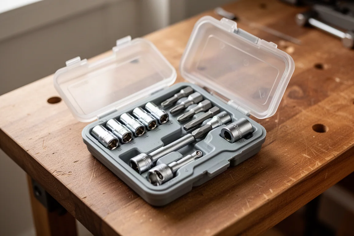 Compact socket set case open on a workbench with metric sockets laid out