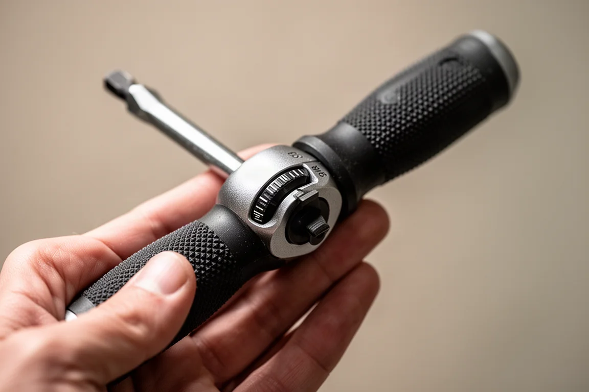 Ratcheting screwdriver handle held in hand showing the selector collar