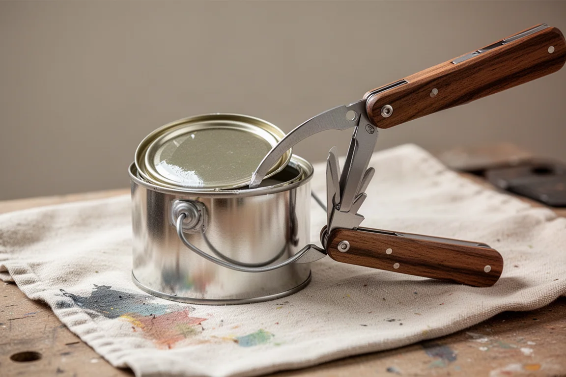 Paint can being opened with a folding multi-tool on a workbench