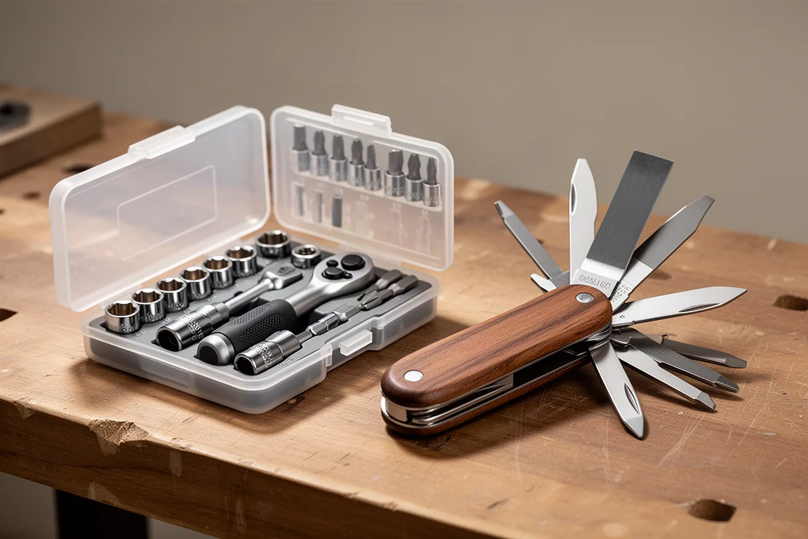 Compact ratcheting socket set case and folding painters multi-tool on a wooden workbench