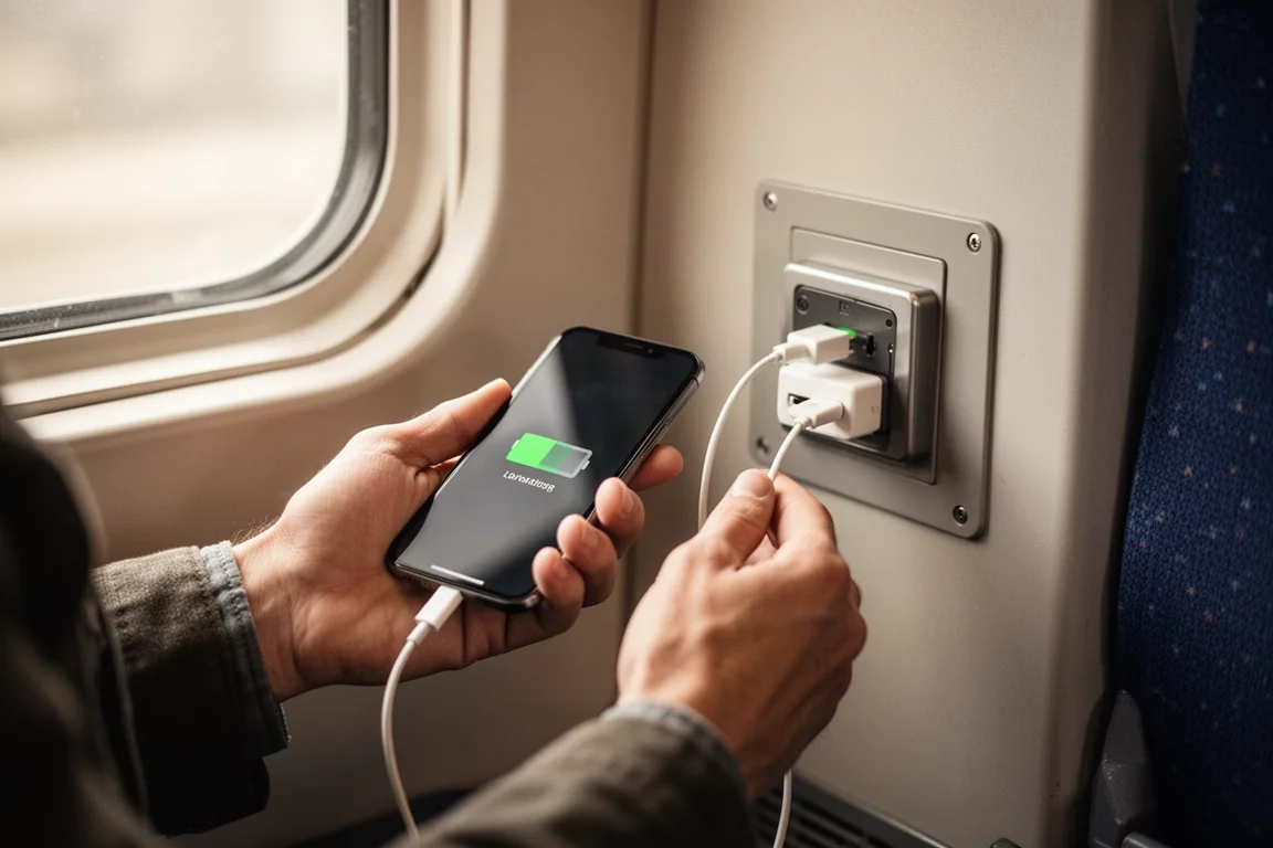 Pendolare che ricarica uno smartphone da una presa USB su un treno