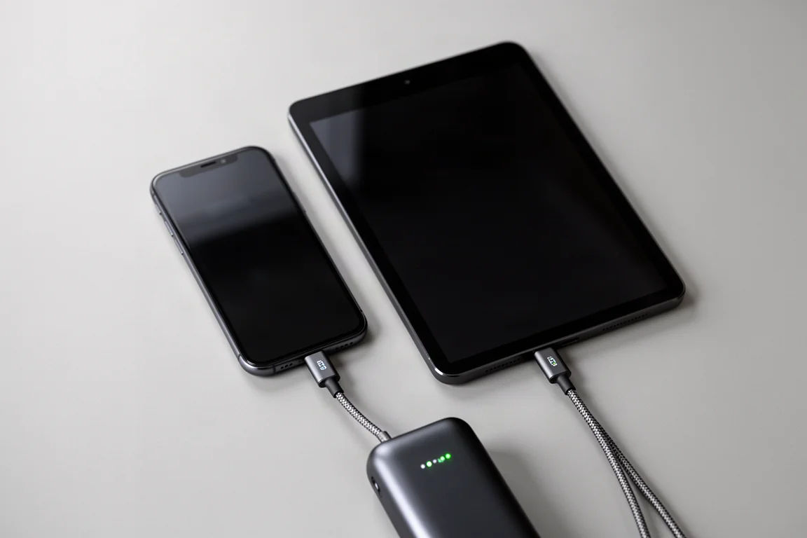 Smartphone e tablet in ricarica affiancati tramite un cavo compatto