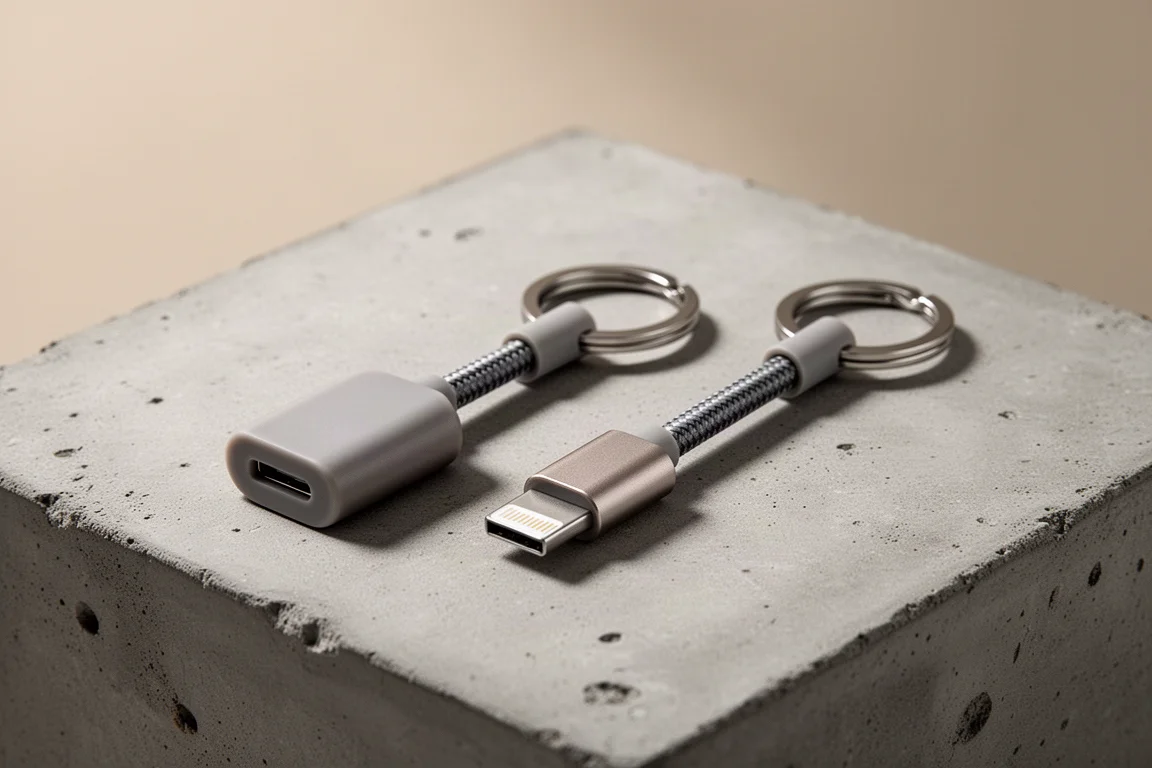 Rolling Square inCharge X and inCharge 6 keyring cables side by side on concrete