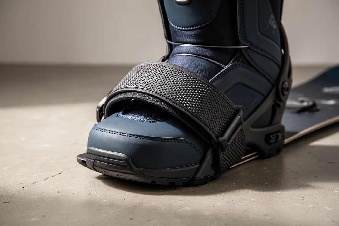 Gros plan sur une sangle de fixation de snowboard et sa boucle crantée agrippant l'échelle