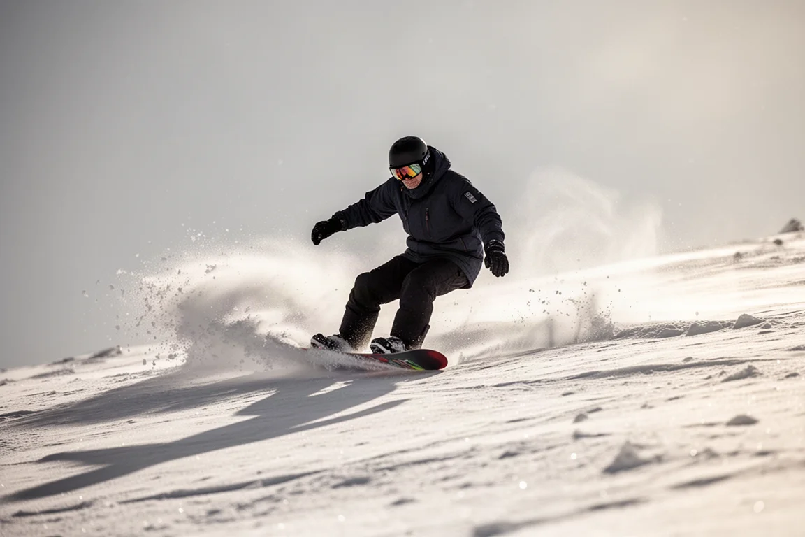 Snowboardeur nose pressant sa planche dans un tweak façon park sur une piste damée