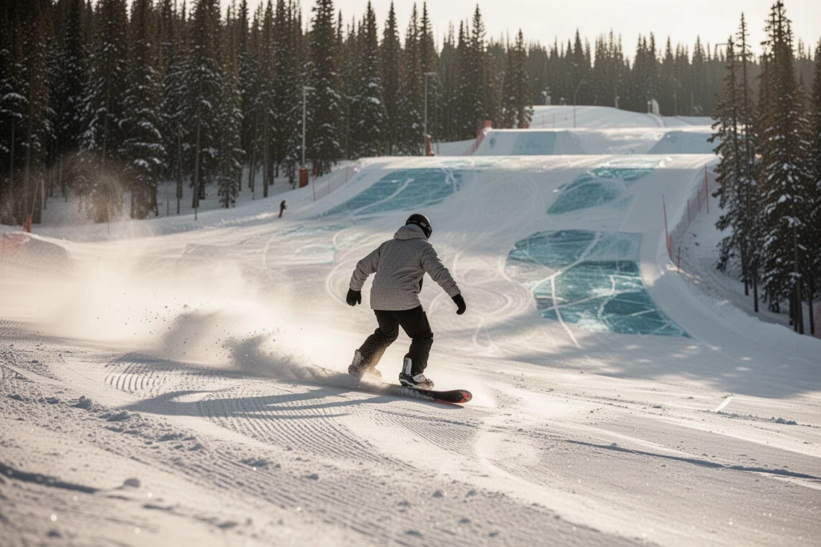 Snowboarder trazarando una pista pisada con parches helados en sombra visibles al fondo