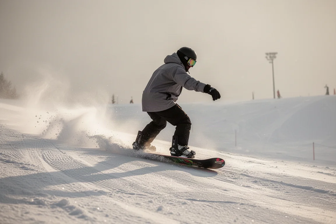 Rider presionando con la punta de la tabla de snowboard en una pista pisada suave