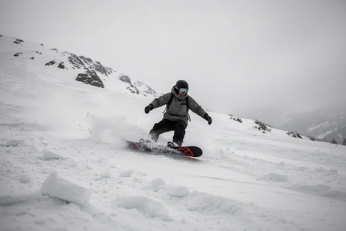 雪板滑手在光線平坦的環境下滑過混雜起伏的雪況