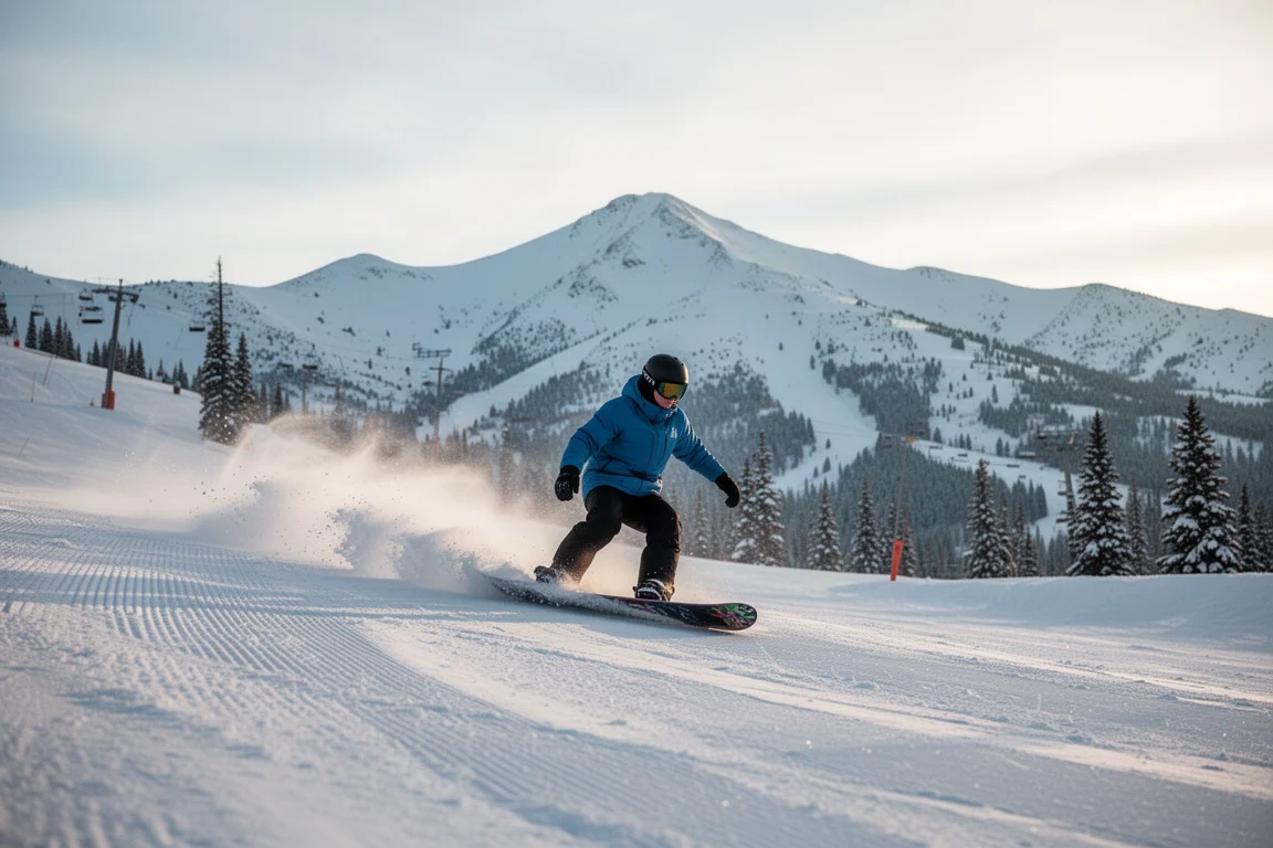 Snowboardzista jeżdżący na krawędzi po twardych, przygotowanych stokach w słoneczny dzień w ośrodku narciarskim