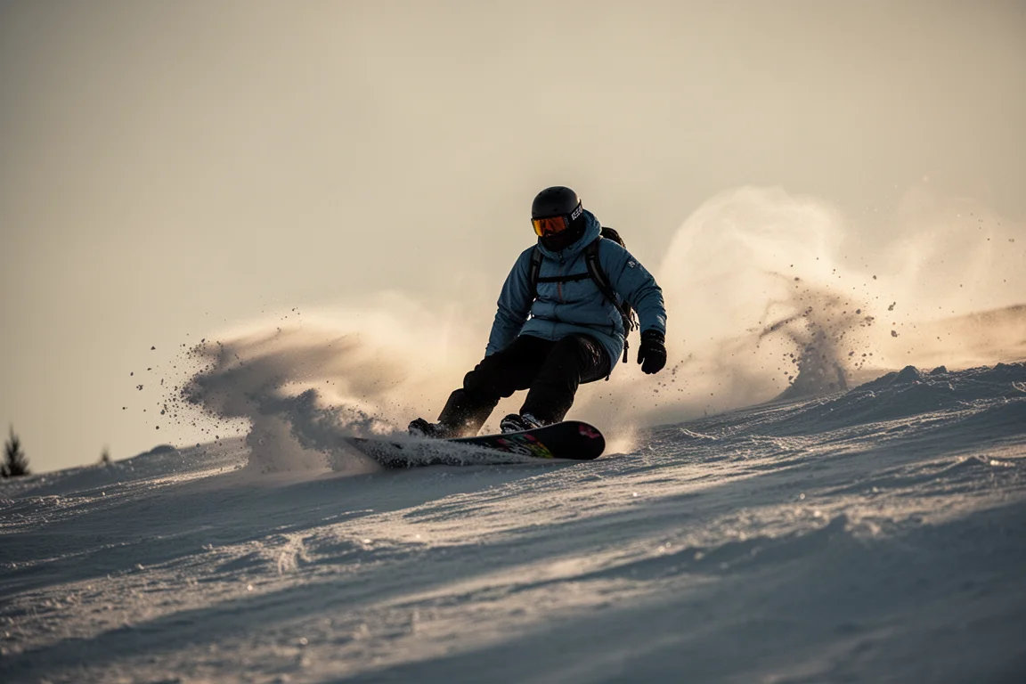 Snowboardzista opierający się o highback wiązania podczas mocnego naciskania w skręcie