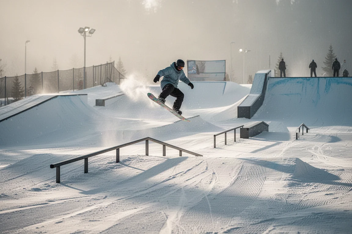 Snowboardzista jeżdżący po snowparku z kickerami i railami w słoneczny dzień