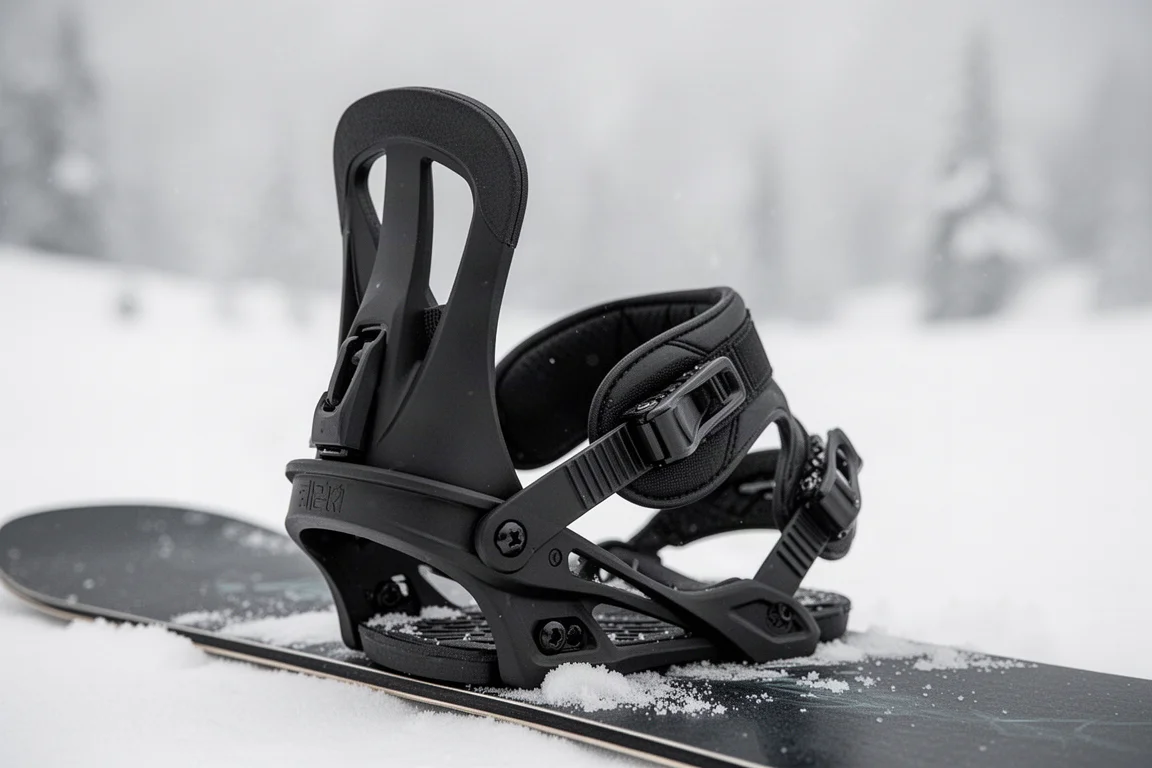 Zbliżenie na highback wiązania snowboardowego pokazujący jego elastyczny, rzeźbiony kształt