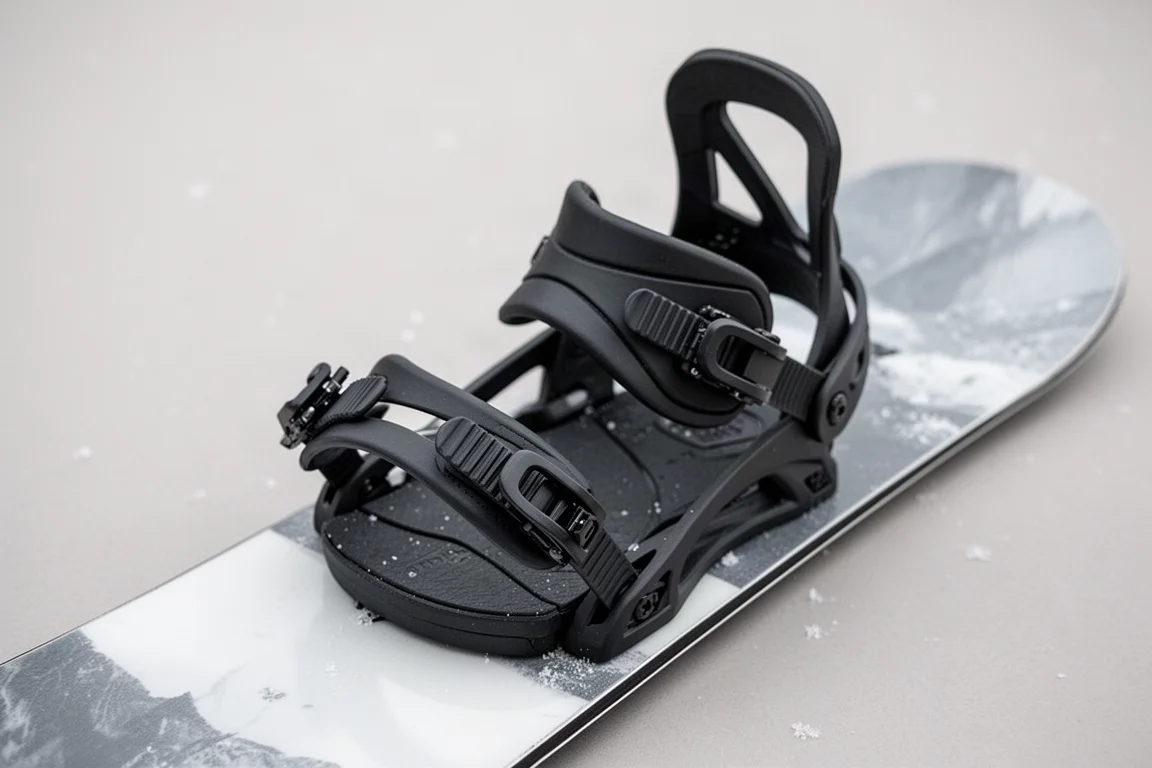 Minimalistyczne paski wiązania snowboardowego położone na bucie, pokazujące równomierny rozkład nacisku