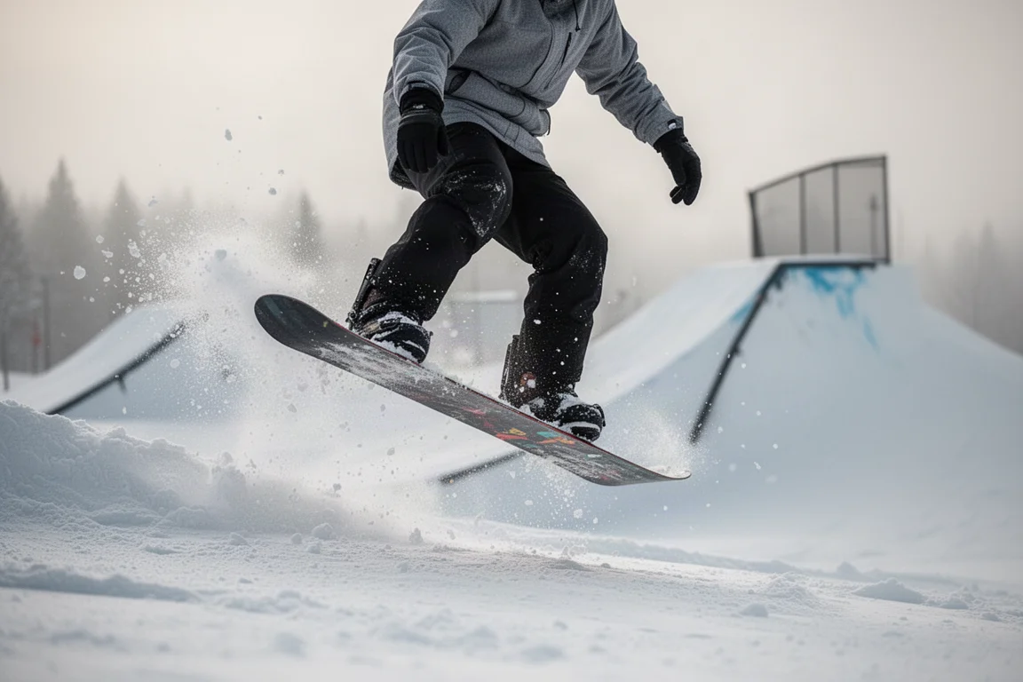 Snowboardzista amortyzujący lądowanie po skoku w parku, sypiący się śnieg
