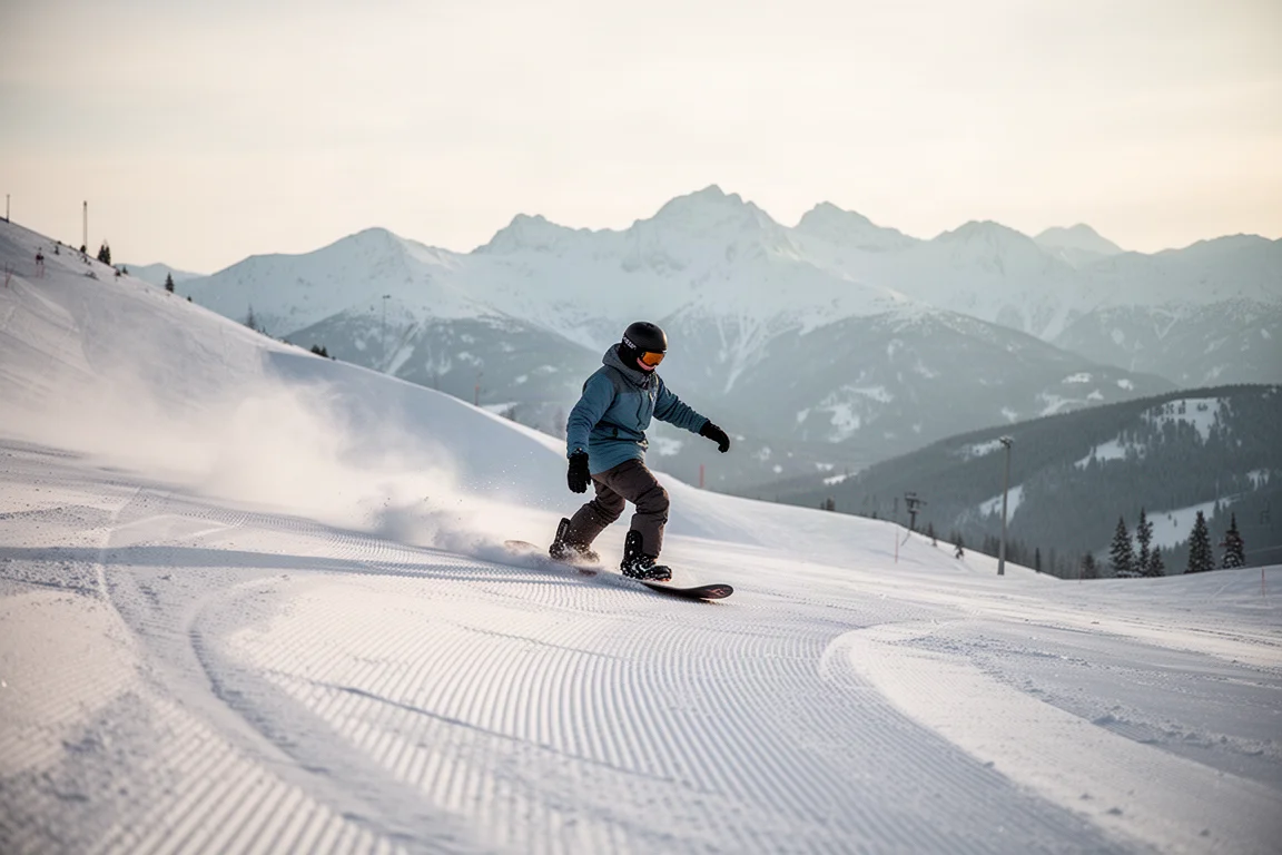 Snowboarderka jedząca po twardym ubitym śniegu na górskim stoku