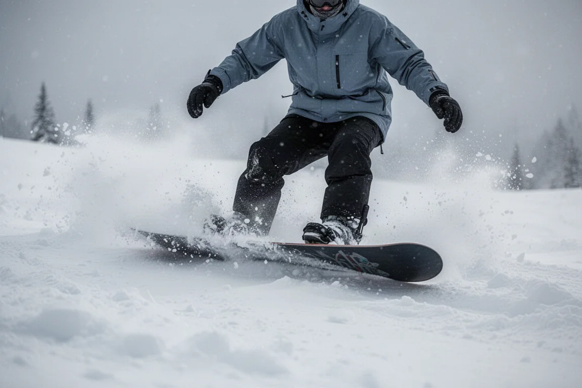 Zbliżenie na tail deski snowboardowej dociśniętej do railu