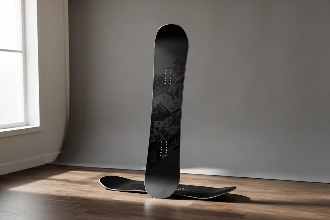 Freestyle'owa deska snowboardowa Rome Agent stojąca pionowo na betonowej powierzchni