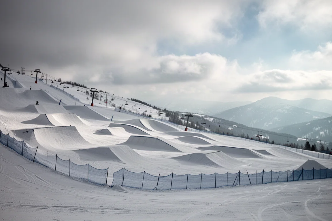 Snowboardzista jadący po twardym, przygotowanym stoku w słoneczny poranek