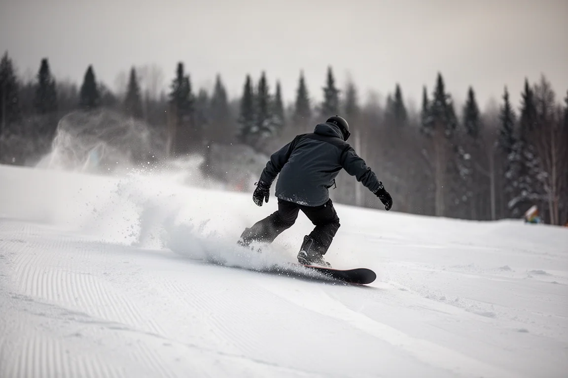 Snowboardzista wybijający się ze średniego skoczni parkowej na tle czystego nieba