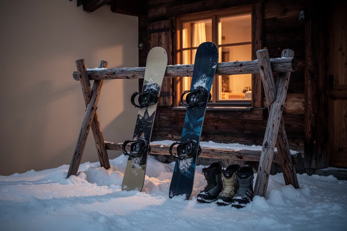 Zbliżenie na krawędź deski snowboardowej wgryzającej się w miękki popołudniowy śnieg