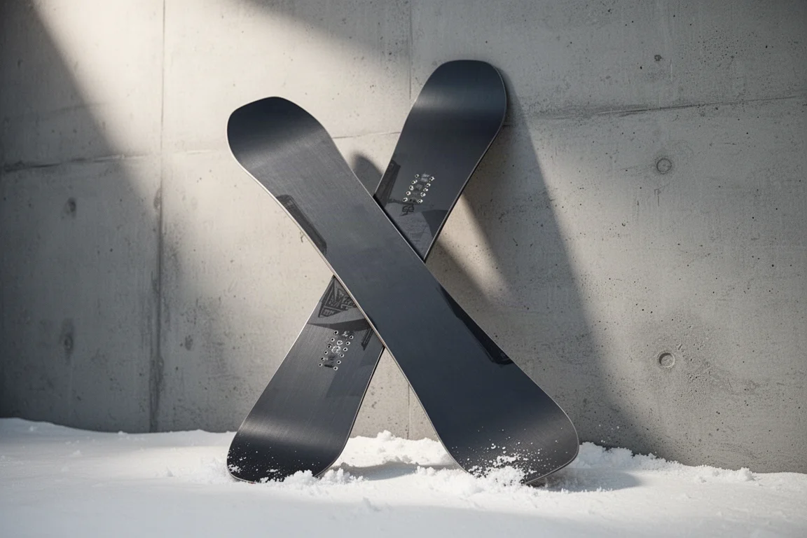 Freestyle'owa deska snowboardowa Rome Artifact Pro stojąca pionowo na betonowej powierzchni