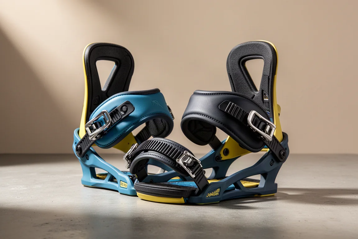 Pair of limited edition snowboard bindings in a bold colorway on a concrete surface