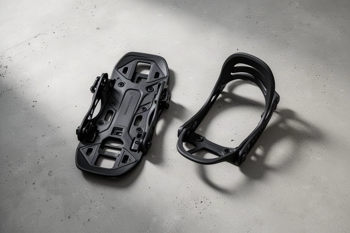 Snowboard binding chassis components separated to show the two-part construction