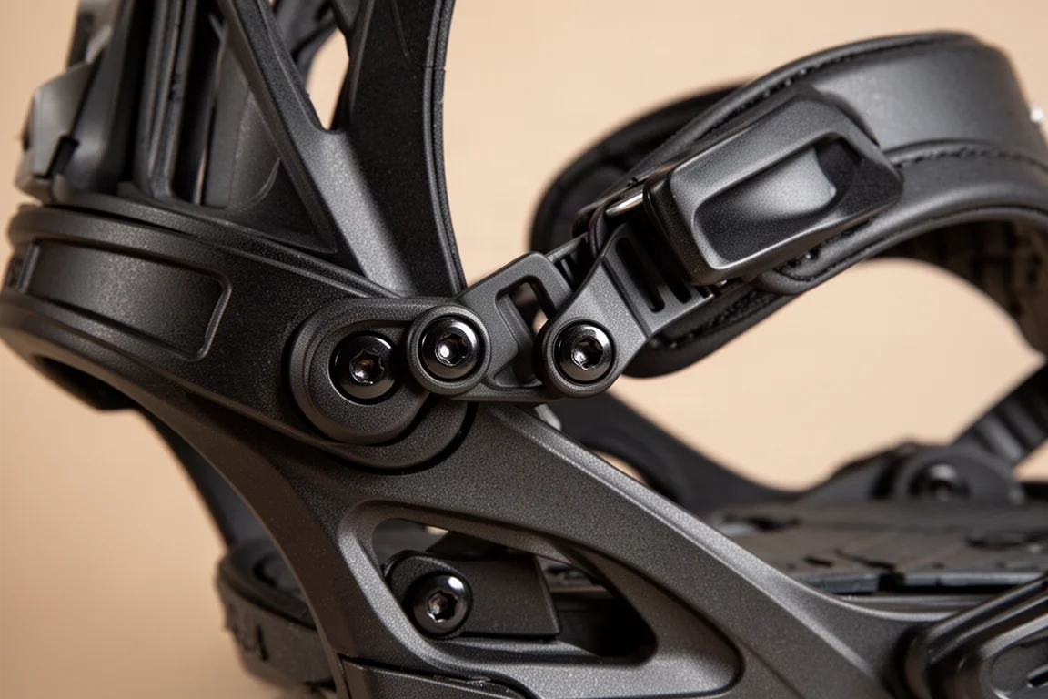Close-up of the heel connection points on a snowboard binding chassis