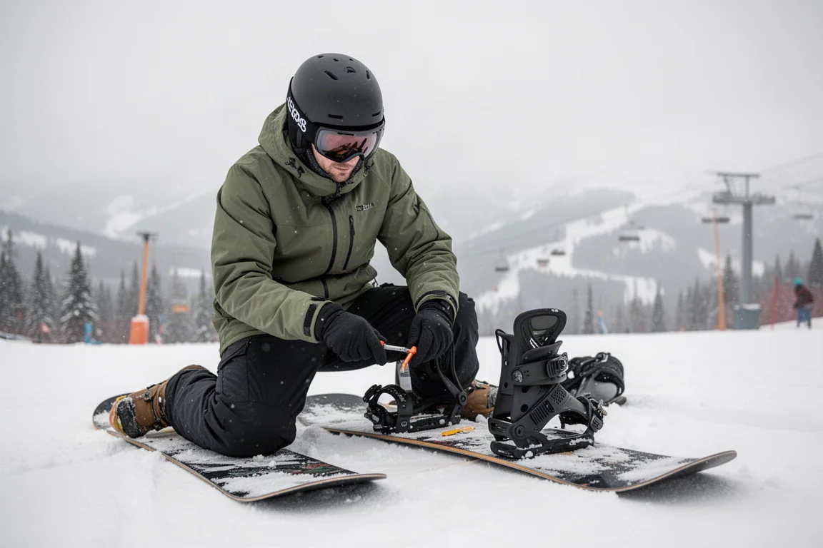 Snowboarder adjusting binding settings on a board at a mountain resort