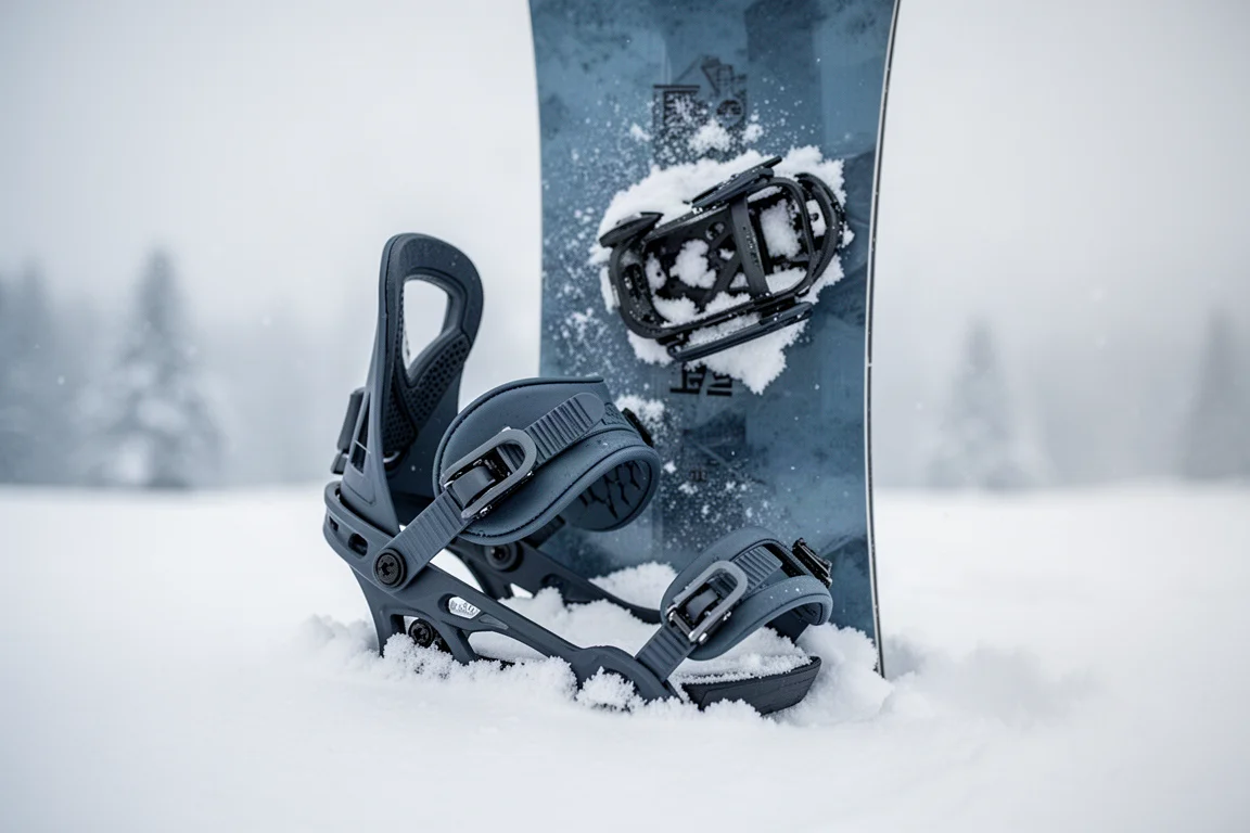 Snowboard binding mounted on a board standing in fresh snow