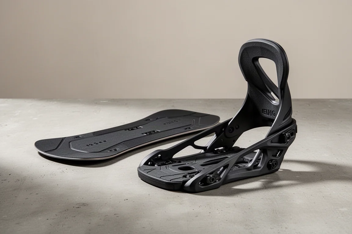 Two-part snowboard binding chassis components on a concrete surface