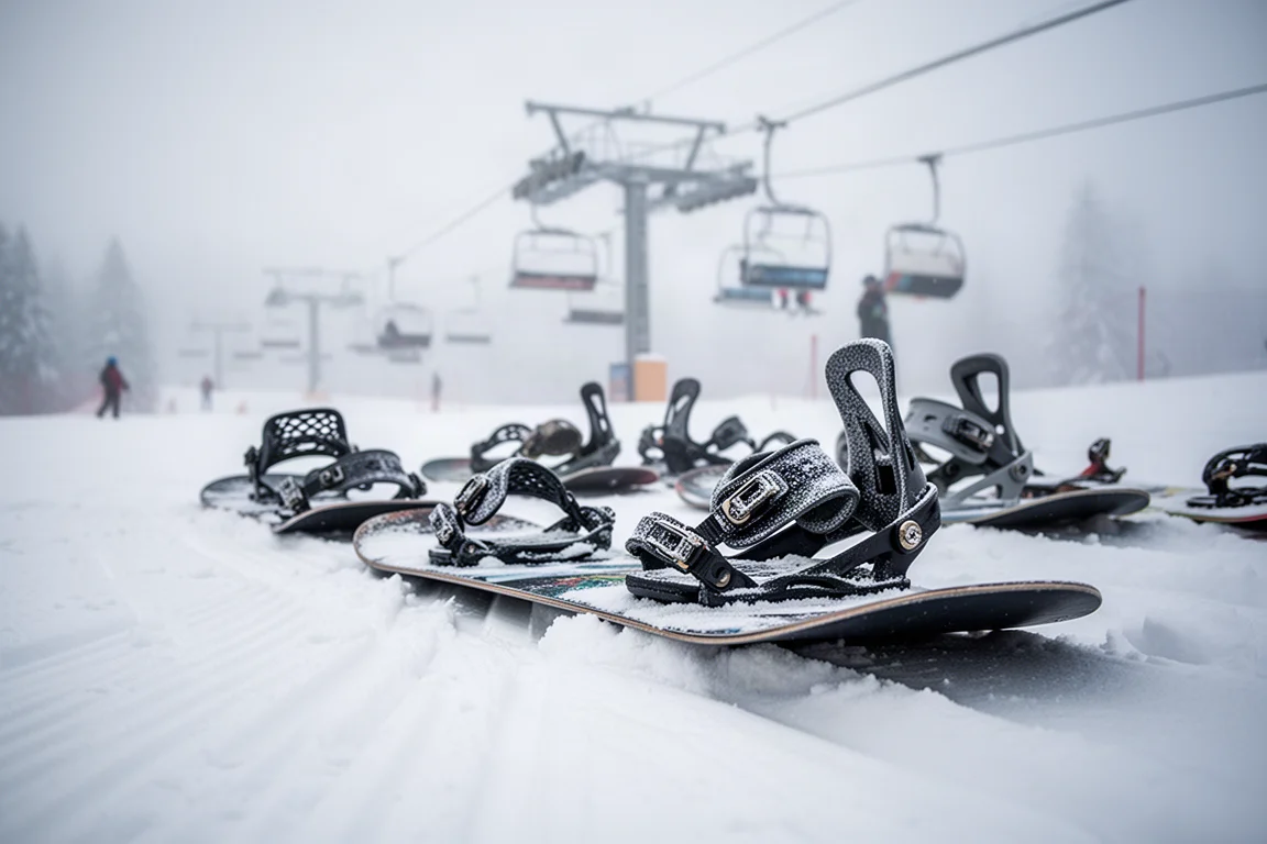 Pranchas de snowboard na fila do teleférico de um resort nevado com as bindings visíveis