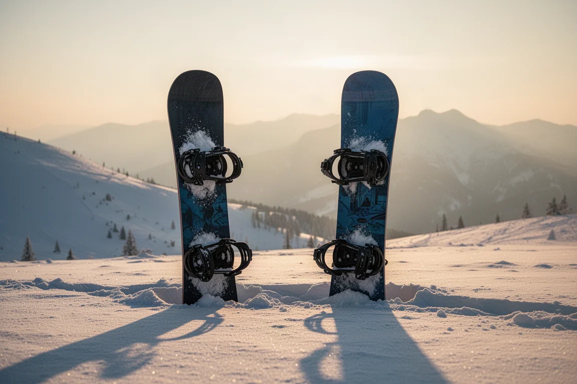 Snowboard com bindings erguido na neve fresca em uma crista na hora dourada