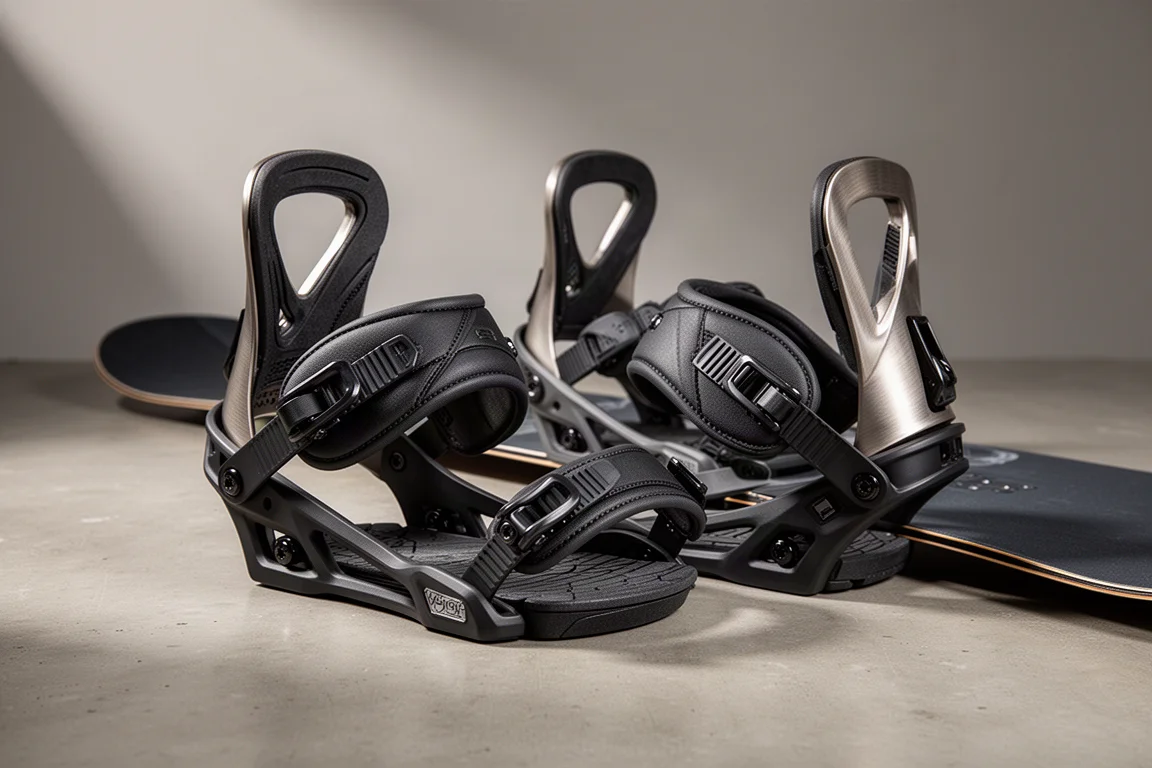 Pair of black snowboard bindings with aluminium heel cups on a concrete surface