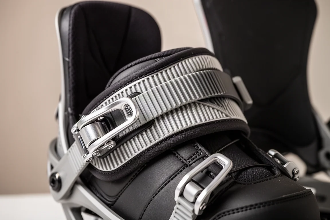 Close-up de uma tira de fixação de snowboard com catraca na bota
