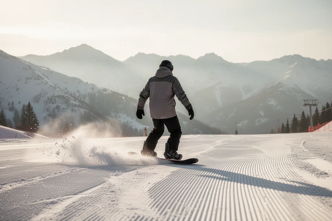 Snowboardista deslizando sobre neve corduroy raspada na luz da manhã