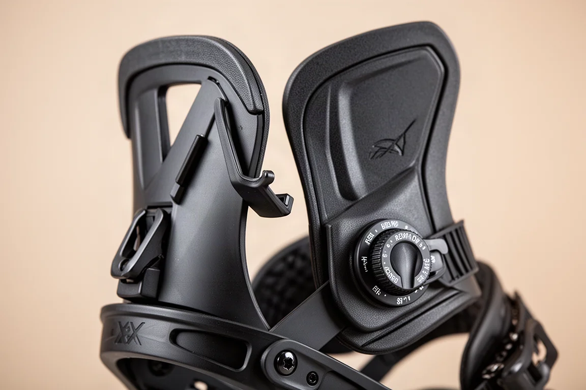 Highback da fixação de snowboard com aba de ajuste de inclinação para frente em detalhe